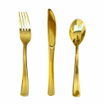 108 pc Set - Disposable Gold/ Rose Gold Plastic Knife+Fork+Spoon - Gold