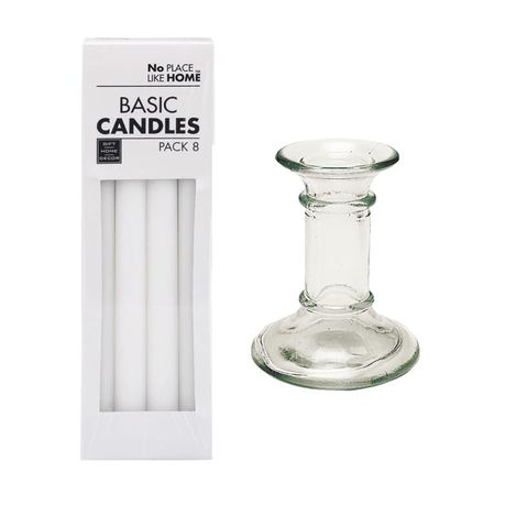 s-pdpxl Candle Holder Glass 13cm Clear + 8pc White Candles 22.5cm - Image 1