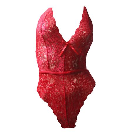 s-pdpxl V Neck Lace Bodysuit - Red - S-M - Image 1