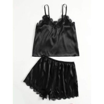 Satin & Lace Cami Set - Pink - L