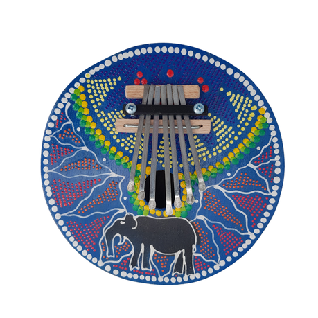 s-pdpxl Mbira / Thumb Piano - Real Coconut Shell Painted Elephant Design - 7 Keys - Blue - Image 1
