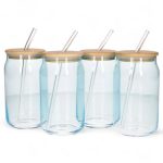 Blue Cocktail Drinking Glasses with Bamboo Lids and Glass Straw - Set of 4