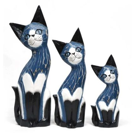 Wood Cat Set Standing Set Of 3- Blue