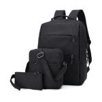 Backpack with Messenger Bag Handbag External USB for Traveling -3 Piece Set - Grey