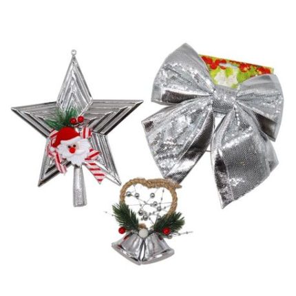 3Pcs Silver Star, Bow And Bell Tree Decorations