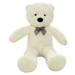 Giant Cuddly Plush Bear With Navy Blue & Silver Bow Tie - Ivory White - 80cm