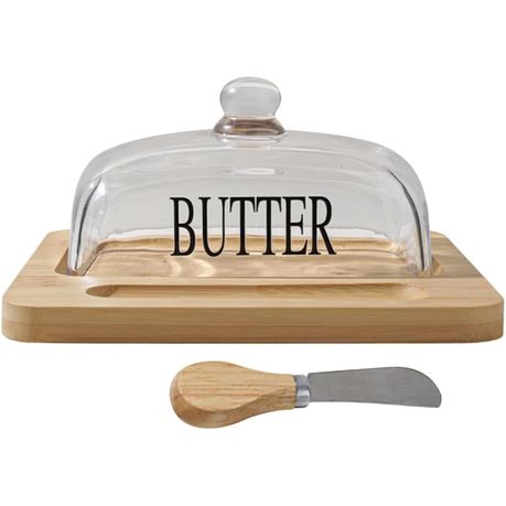 s-pdpxl Clear Glass Covered Butter Bamboo Container/Tray with Knife - Image 1