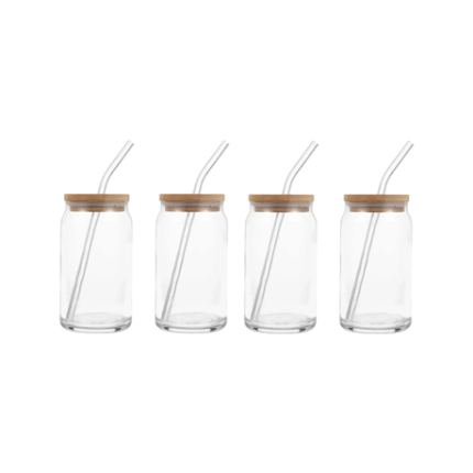 Can Shaped Beverage Glasses With Wooden Lids And Straws 480ml - Set of 4