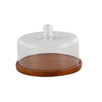 Round Wooden Cake Stand with Glass Dome