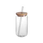Clear Glass Drinking Can Shape Bottle with Bamboo Lid and Glass straw - 15 cm