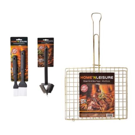 BBQ Basting Brushes 2 Piece + Grill Cleaner 37cm 3 In 1 + Metal Braai Chicken Box 41x31cm